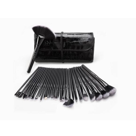 NEW~32 Piece Synthetic Fiber Professional Makeup Brush Set in Black Croco Pouch - Picture 6 of 10